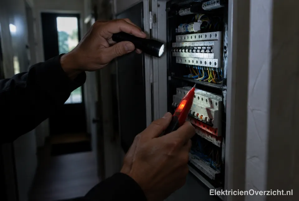 Elektricien met zaklamp bij een meterkast