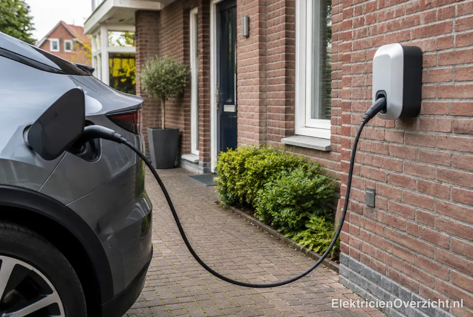 Laadpaal op een oprit met een elektrische auto